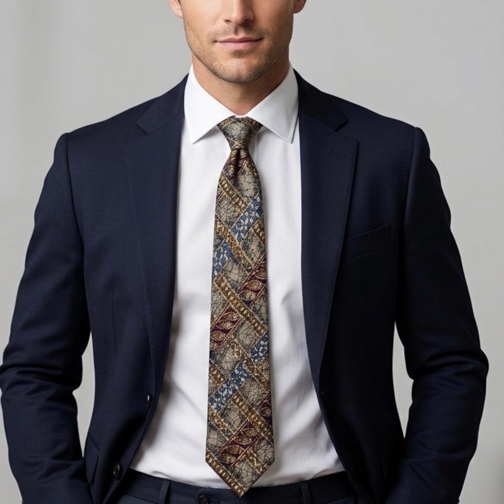 Canali Tie Mens Silk Italy Geometric Abstract Leaf Print Brown Burgundy Blue